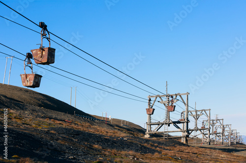 Look througt he old cableway for transporting coal from mines in Longyearbyen, Svalbard, Spitsbergen, Norway photo