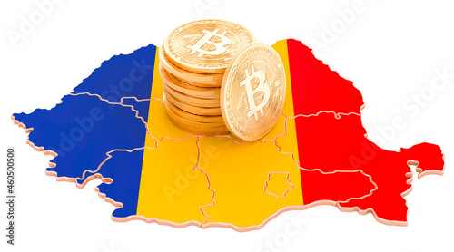 Bitcoin cryptocurrency in Romania, 3D rendering
