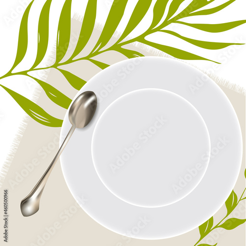 White plate on the table top view. Served kitchen porcelain dishes for food. Vector illustration for your product, tableware design element.