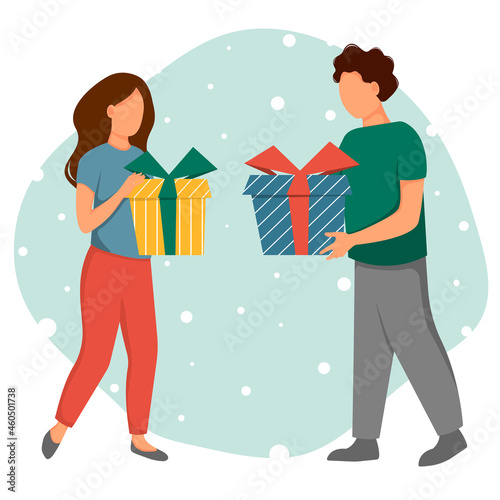 People receiving and giving gifts. Concept of celebrate holidays. Vector illustration in flat style.