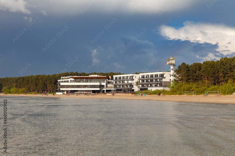 TALLINN, ESTONIA - NOV 2, 2020: Hotel on the Pirita beach close to Olympic Sailing Centre in Pirita. Center was built for the Olympic Games in 1980