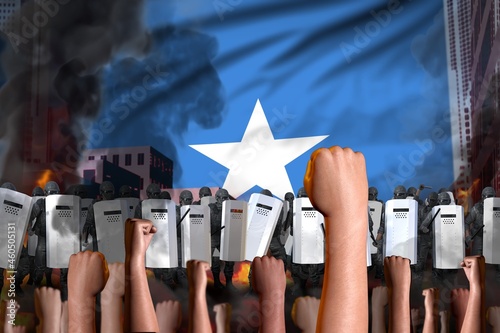 Protest in Somalia - police swat stand against the demonstrators crowd on flag background, revolt fighting concept, military 3D Illustration