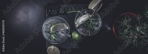 banner of classic gin and tonic cocktail with rosemary sprigs in tall glasses on a table with bar accessories © Johannes