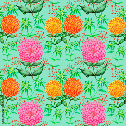 Watercolor seamless pattern with flowers. Botanical illustration. Zinnia and flower bride.