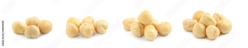 Set with tasty hazelnuts on white background. Banner design
