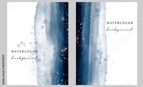 Set of vector watercolor universal backgrounds with gold glitter	