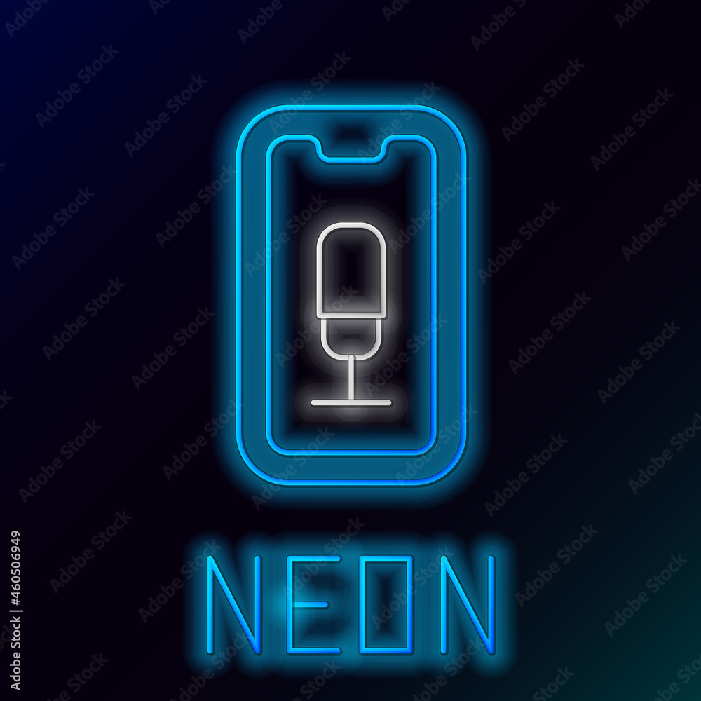 Glowing neon line Mobile recording icon isolated on black background. Mobile phone with microphone. Voice recorder app smartphone interface. Colorful outline concept. Vector Glowing neon line Mobile recording icon isolated on black background. Mobile phone with microphone. Voice recorder app smartphone interface. Colorful outline concept. Vector