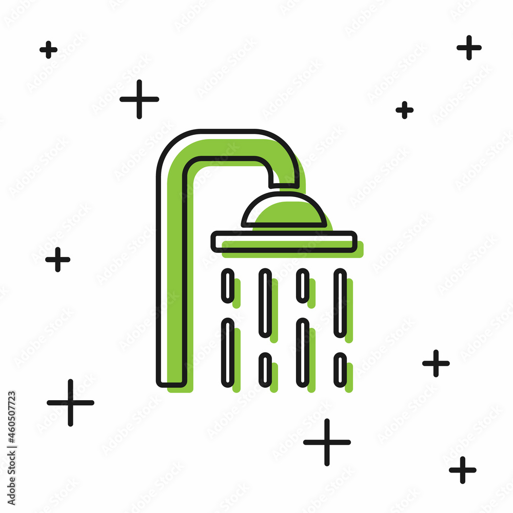Black Shower head with water drops flowing icon isolated on white background. Vector Black Shower head with water drops flowing icon isolated on white background. Vector