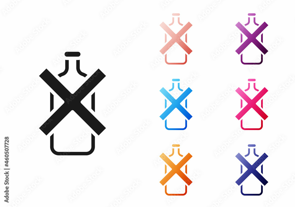 Black No alcohol icon isolated on white background. Prohibiting alcohol beverages. Forbidden symbol with beer bottle glass. Set icons colorful. Vector Black No alcohol icon isolated on white background. Prohibiting alcohol beverages. Forbidden symbol with beer bottle glass. Set icons colorful. Vector