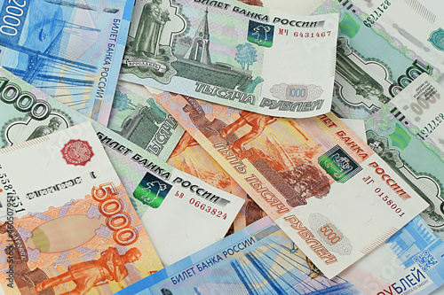 Money background. Banknotes of Russian rubles. Cash loan. . Top view, flat lay. Selective focus. Top view, flat lay. photo