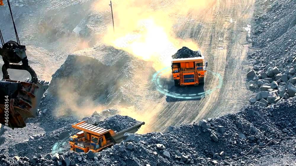 Modern technologies in the coal mining industry. Dump truck with graphic elements. The dump truck drives through the quarry, the area is scanned.