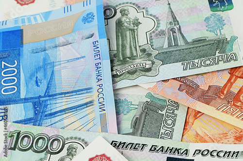 Money background. Banknotes of Russian rubles. Cash loan. . Top view, flat lay. Selective focus. Top view, flat lay photo