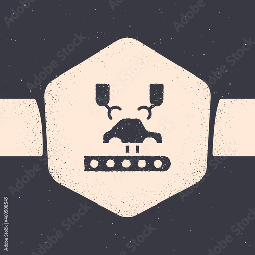 Grunge Industrial machine robotic robot arm hand on car factory icon isolated on grey background. Industrial automation production automobile. Monochrome vintage drawing. Vector