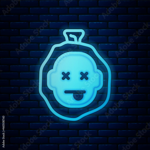 Glowing neon Murder icon isolated on brick wall background. Body, bleeding, corpse, bleeding icon. Dead head. Concept of crime scene. Vector