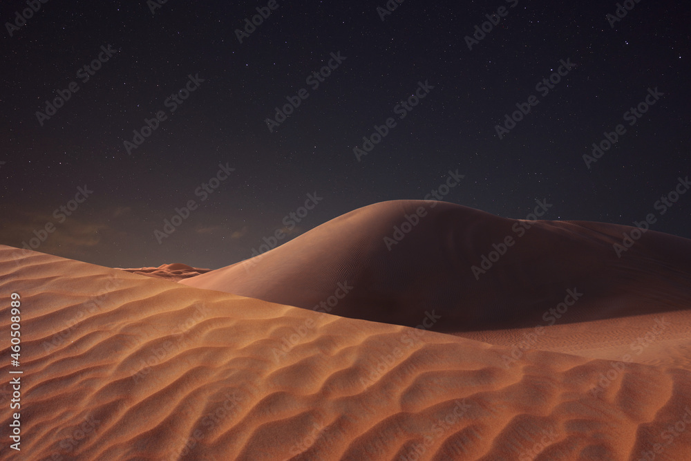Scenic view of sandy desert under starry sky in night - obrazy, fototapety, plakaty 