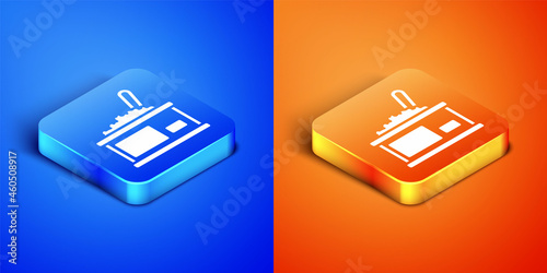 Isometric Tin can with caviar icon isolated on blue and orange background. Square button. Vector