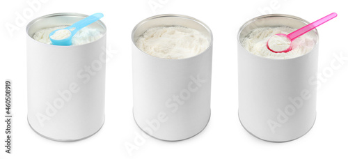 Set with cans of powdered infant formula with scoops on white background, banner design. Baby milk photo