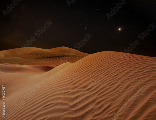 Scenic view of sandy desert under starry sky in night