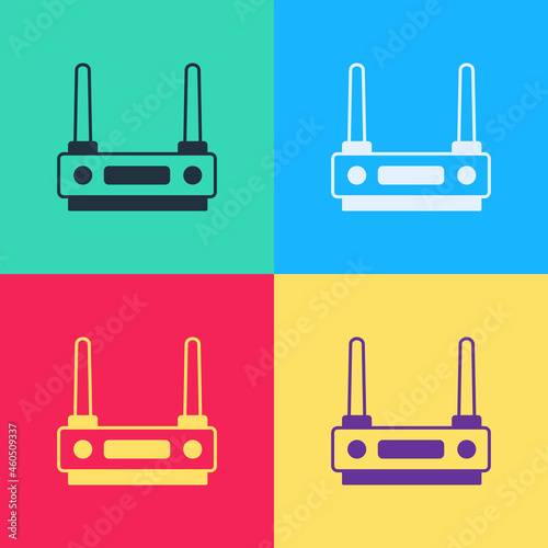 Pop art Router and wi-fi signal icon isolated on color background. Wireless ethernet modem router. Computer technology internet. Vector