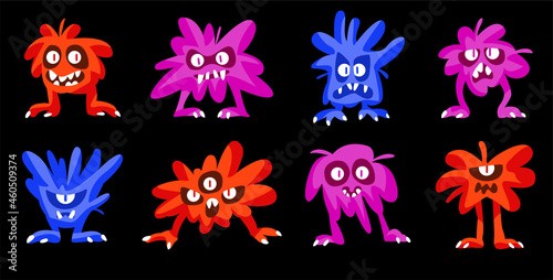 Set of funny, cute and clumsy cartoon monsters on a black background. Fluffy little monsters with different emotions. Halloween. Flat vector illustration.