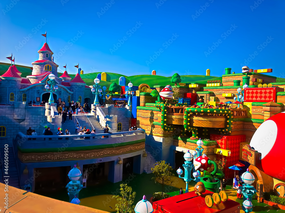 OSAKA, JAPAN - Apr 10, 2021 : Scenery at the Yoshi's Adventure, an  attraction at Super Nintendo World.Super Nintendo World is a themed area at  Universal Studios Japan. foto de Stock | Adobe Stock