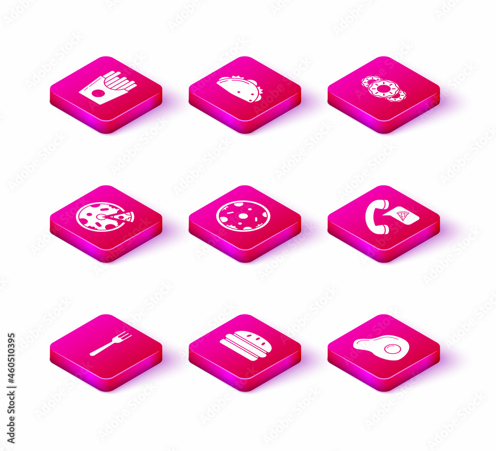 Set Fork, Burger, Pizza, Scrambled eggs, Food ordering pizza, Donut with sweet glaze and Taco tortilla icon. Vector Set Fork, Burger, Pizza, Scrambled eggs, Food ordering pizza, Donut with sweet glaze and Taco tortilla icon. Vector