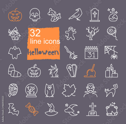 Linear icons with traditional Halloween symbols. Vector icons