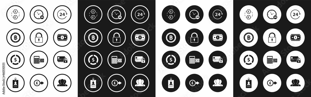 Set Clock 24 hours, Lock, Cryptocurrency coin Bitcoin, Money exchange, Stacks paper money cash, Credit card with and Coin dollar symbol icon. Vector Set Clock 24 hours, Lock, Cryptocurrency coin Bitcoin, Money exchange, Stacks paper money cash, Credit card with and Coin dollar symbol icon. Vector