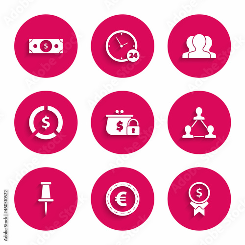 Set Closed wallet with lock, Coin money euro symbol, Reward for good work, Project team base, Push pin, dollar, Users group and Stacks paper cash icon. Vector