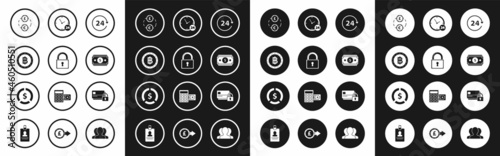 Set Clock 24 hours, Lock, Cryptocurrency coin Bitcoin, Money exchange, Stacks paper money cash, Credit card with and Coin dollar symbol icon. Vector