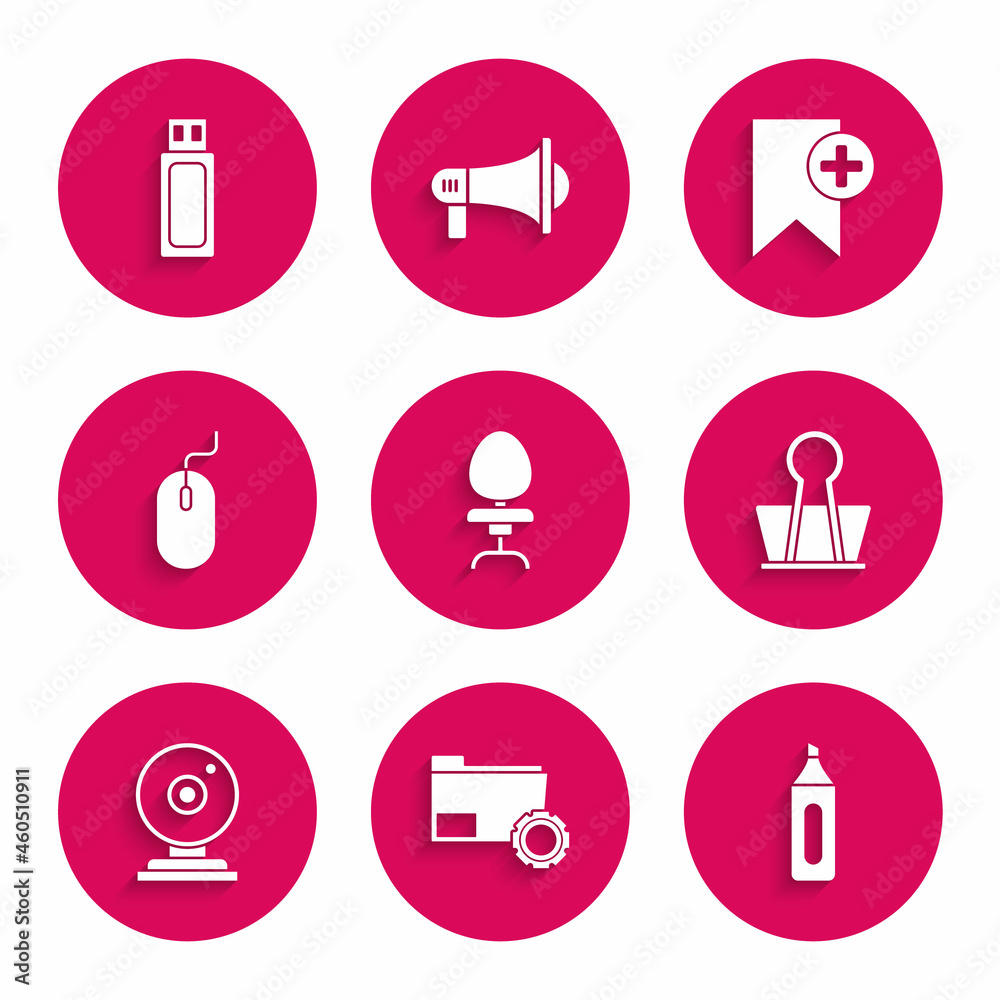 Set Office chair, Folder settings with gears, Marker pen, Binder clip, Web camera, Computer mouse, Bookmark and USB flash drive icon. Vector Set Office chair, Folder settings with gears, Marker pen, Binder clip, Web camera, Computer mouse, Bookmark and USB flash drive icon. Vector