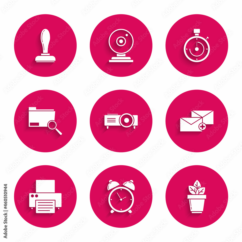 Set Presentation, movie, film, media projector, Alarm clock, Flowers in pot, Envelope, Printer, Search concept with folder, Briefcase and Stamp icon. Vector