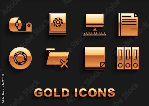 Set Delete folder, File document, Office folders with papers and documents, Scotch, Computer monitor keyboard, and User manual icon. Vector