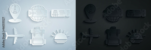 Set Hiking backpack, Cruise ticket for traveling by ship, Plane, Sunset, Airline and Map pointer with Eiffel tower icon. Vector