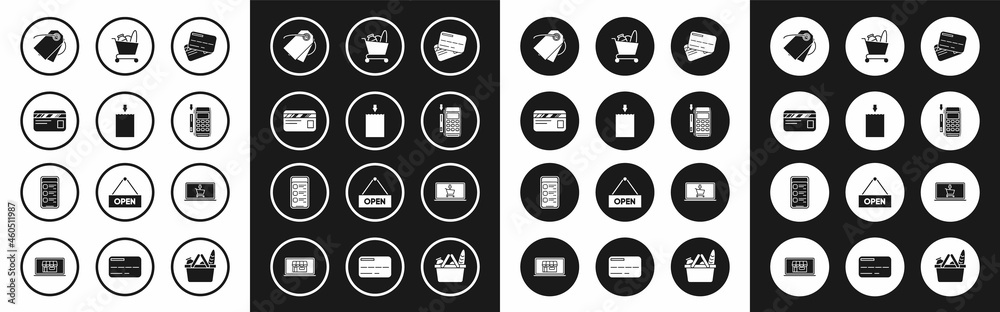 Set Credit card, Paper shopping bag, Blank label template price tag, Pos terminal with inserted credit, Shopping cart and food, on screen laptop and Online mobile phone icon. Vector Set Credit card, Paper shopping bag, Blank label template price tag, Pos terminal with inserted credit, Shopping cart and food, on screen laptop and Online mobile phone icon. Vector