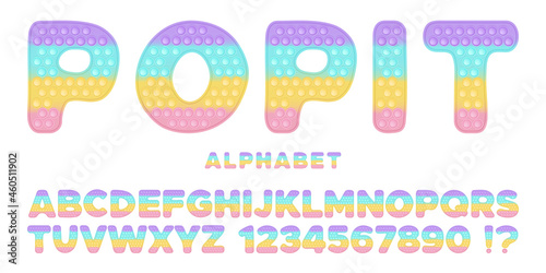 Popit font design - alphabet and numbers set in style of trendy silicon fidget toys. Pop it toy for fidget in pastel colors. Bubble sensory letters as popit. Isolated cartoon vector illustration.