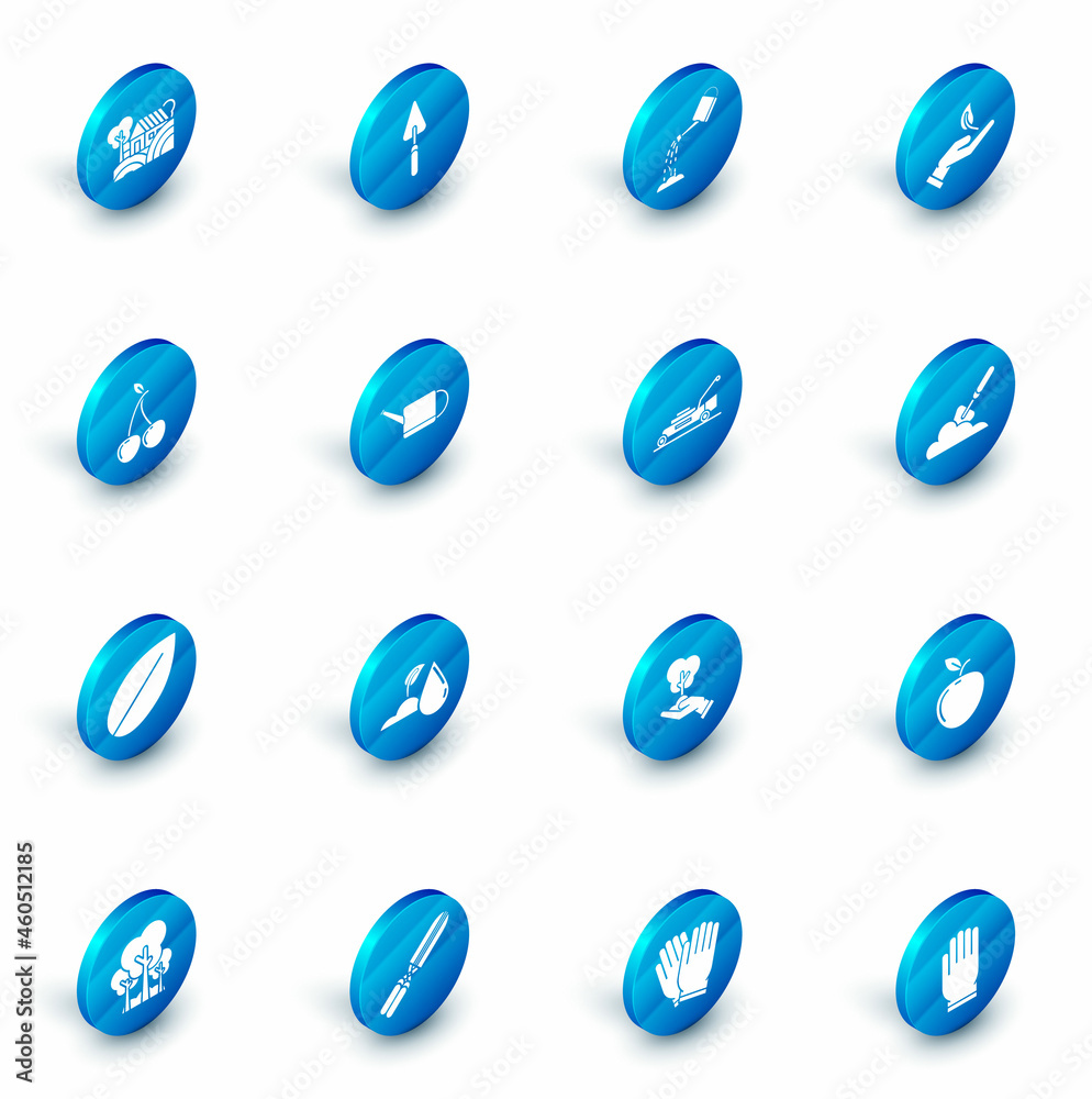 Set Garden trowel spade or shovel, Watering can with water, Sprout hand of environmental protection, Cherry, Leaf, the ground and Lawn mower icon. Vector Set Garden trowel spade or shovel, Watering can with water, Sprout hand of environmental protection, Cherry, Leaf, the ground and Lawn mower icon. Vector