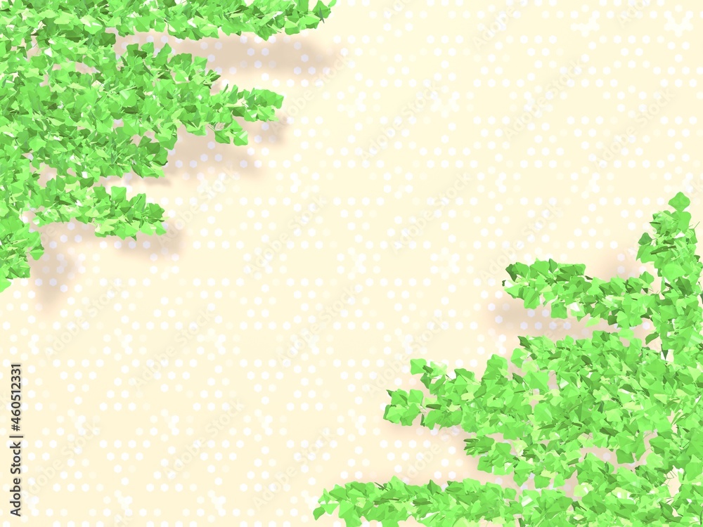 黄色のドット柄の背景に緑の枝が上下にあるフレームの3d イラスト 黄色のドット柄の背景に緑の枝が上下にあるフレームの3d イラスト