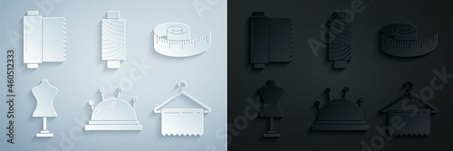 Set Needle bed and needles, Tape measure, Mannequin, Hanger wardrobe, Sewing thread on spool and Textile fabric roll icon. Vector