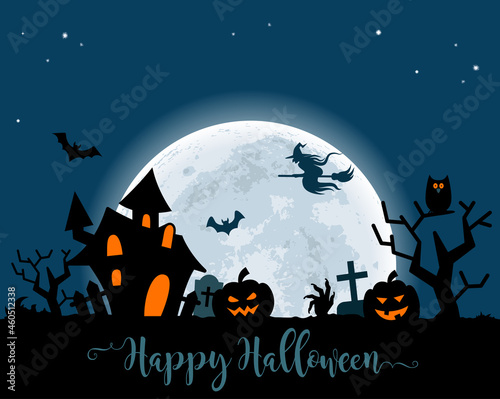 Halloween night background with a moon  haunted house  cemetery  pumpkins and a flying witch