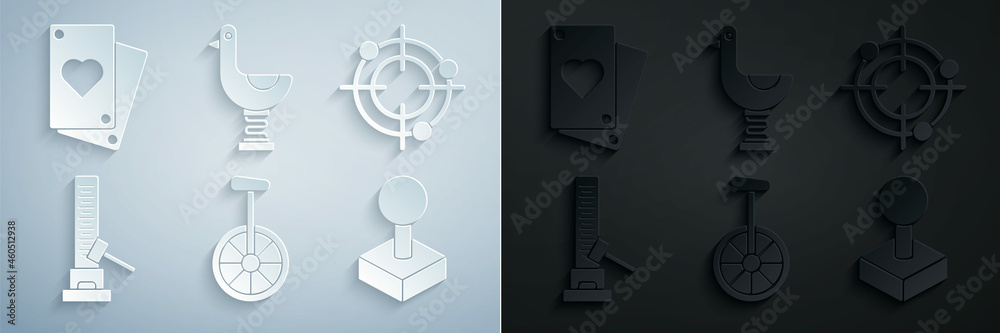 Set Unicycle or one wheel bicycle, Target sport for shooting competition, High striker attraction with big hammer, Joystick arcade machine, Riding kid duck and Playing card icon. Vector Set Unicycle or one wheel bicycle, Target sport for shooting competition, High striker attraction with big hammer, Joystick arcade machine, Riding kid duck and Playing card icon. Vector
