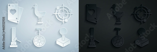 Set Unicycle or one wheel bicycle, Target sport for shooting competition, High striker attraction with big hammer, Joystick arcade machine, Riding kid duck and Playing card icon. Vector