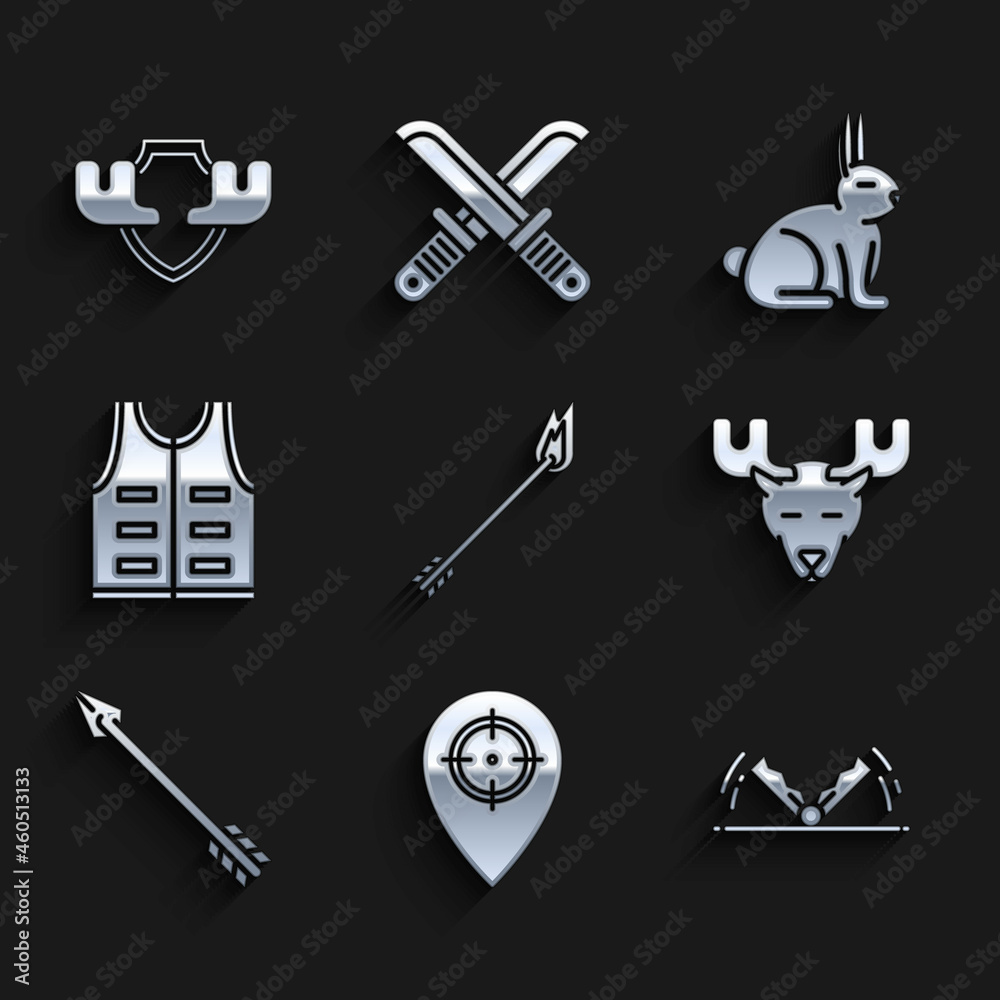 Set Flame arrow, Hunt place, Trap hunting, Moose head with horns, Hipster, Hunting jacket, Rabbit and on shield icon. Vector Set Flame arrow, Hunt place, Trap hunting, Moose head with horns, Hipster, Hunting jacket, Rabbit and on shield icon. Vector