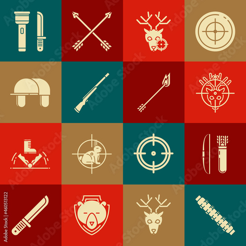 Set Hunting cartridge belt with cartridges, Bow and arrow quiver, on deer crosshairs, gun, Hunter hat, Flashlight knife and Flame icon. Vector