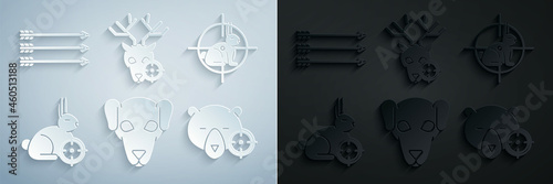 Set Hunting dog, on rabbit with crosshairs, bear, deer and Hipster arrows icon. Vector