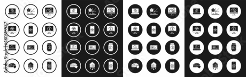 Set Computer monitor with smart house and alarm, Mobile phone home wi-fi, Laptop light bulb, temperature, Smart, watch and under protection icon. Vector