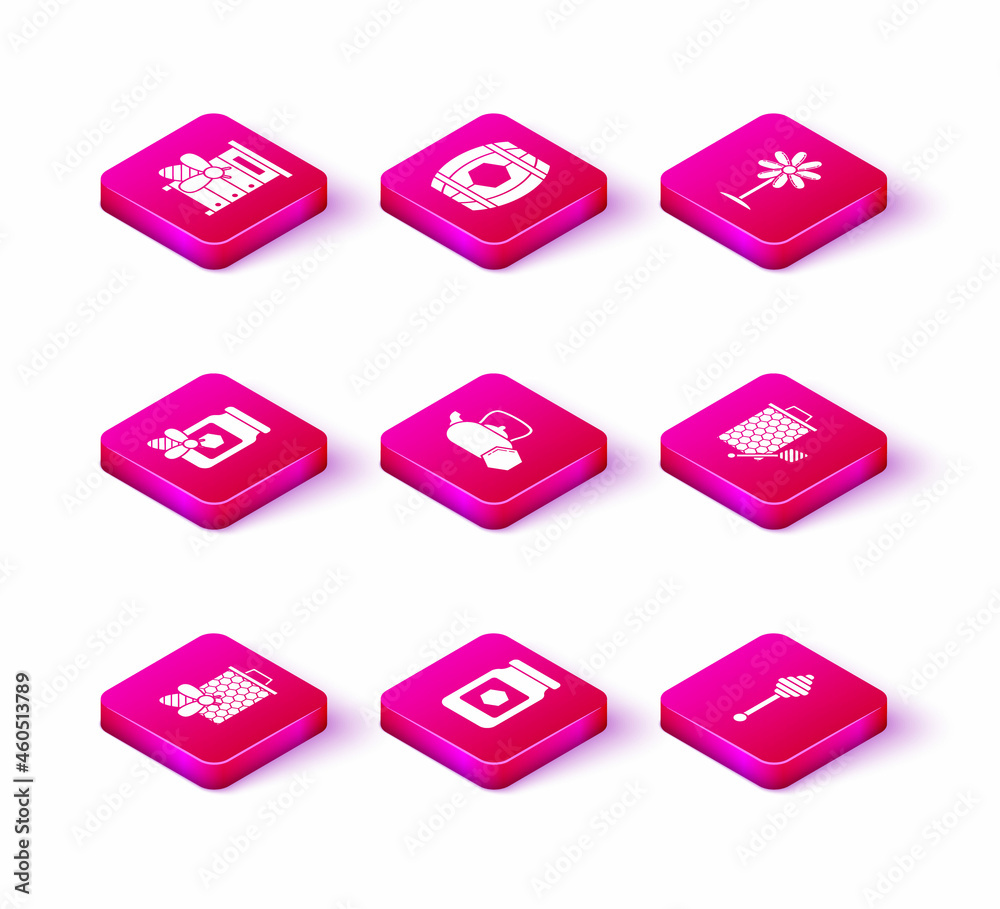 Set Bee and honeycomb, Jar of, with bee, Tea kettle, Honey dipper stick, Honeycomb stickicon, Flower and Wooden barrel icon. Vector