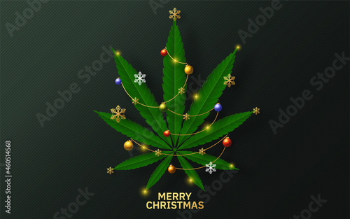 Merry Christmas  cannabis marijuana plant greeting card elements paper cut with craft style on background.