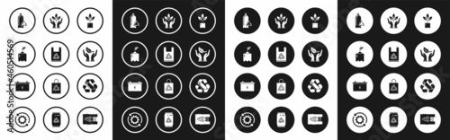 Set Plant in bottle, Plastic bag with recycle, Sprout, Recycling plastic, hand of environmental protection, and Car battery icon. Vector