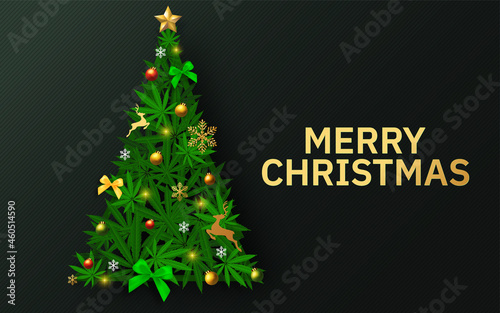 Merry Christmas  cannabis marijuana plant greeting card elements paper cut with craft style on background.